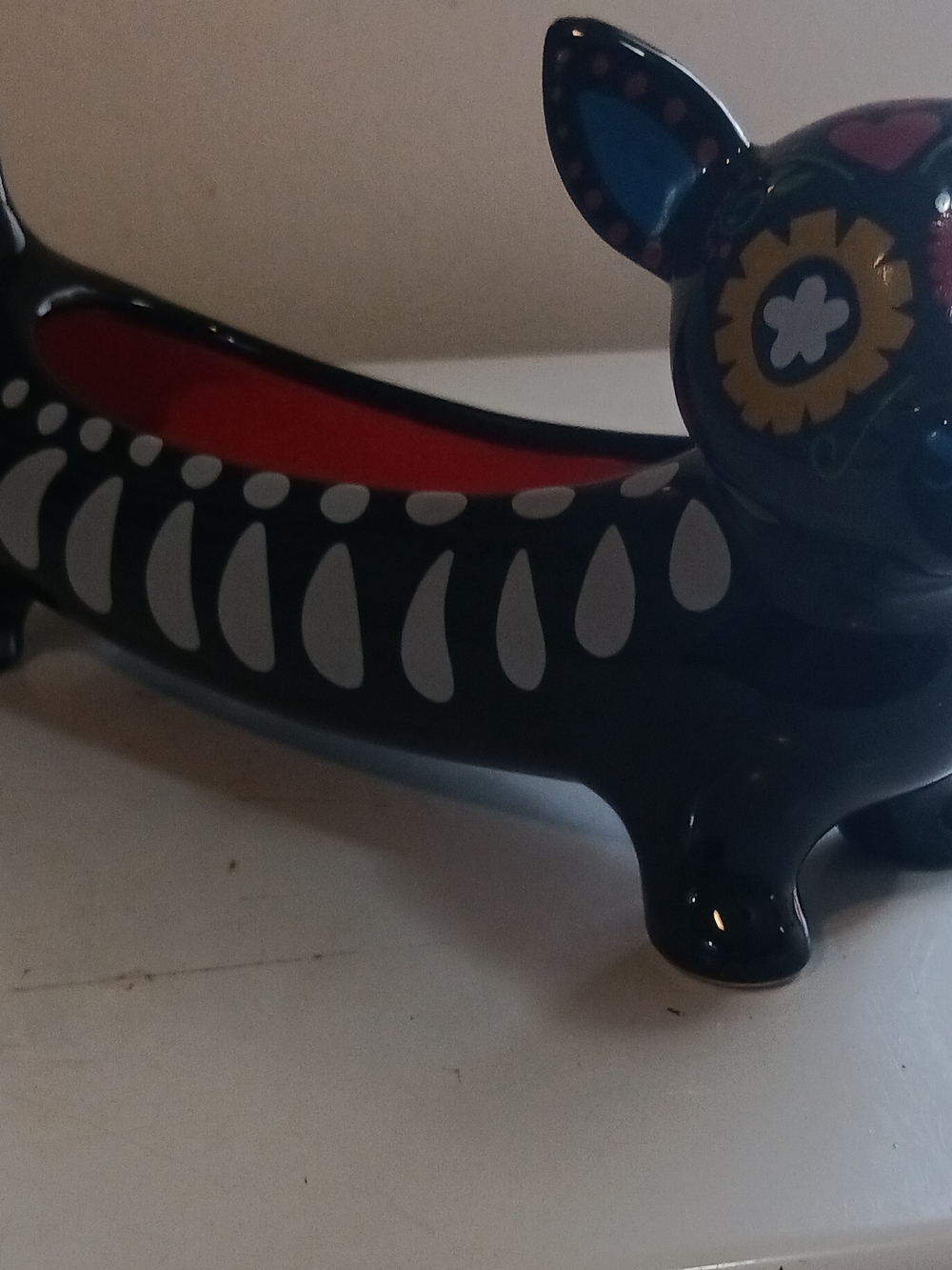 Pier 1 Black Ceramic Dog Dish with Red Interior and Multicolor Accents